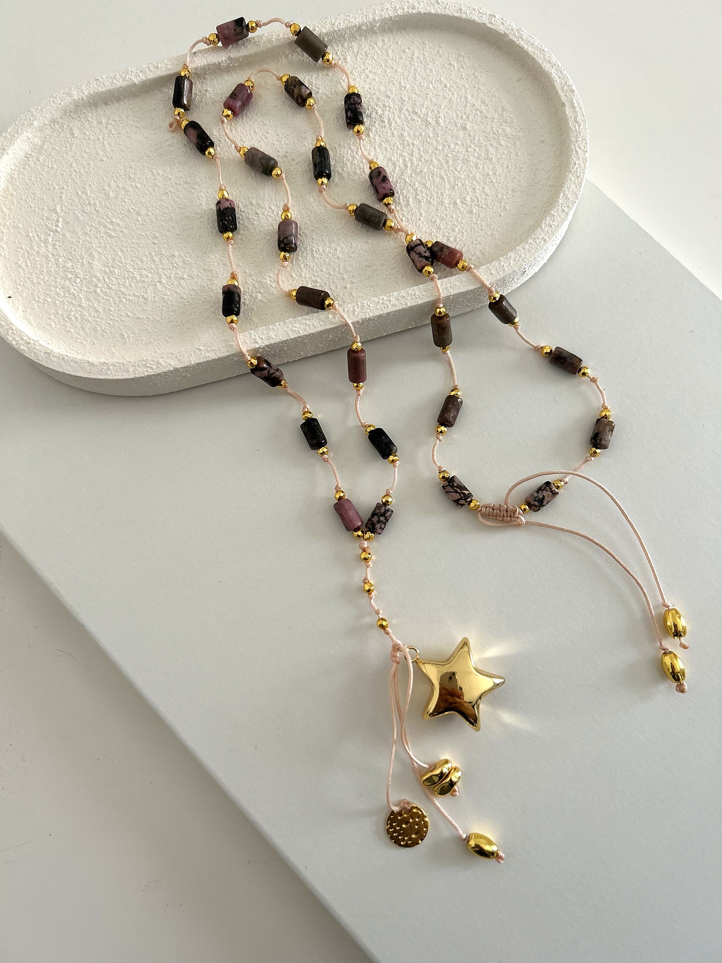 Beaded rose gold stones long necklace