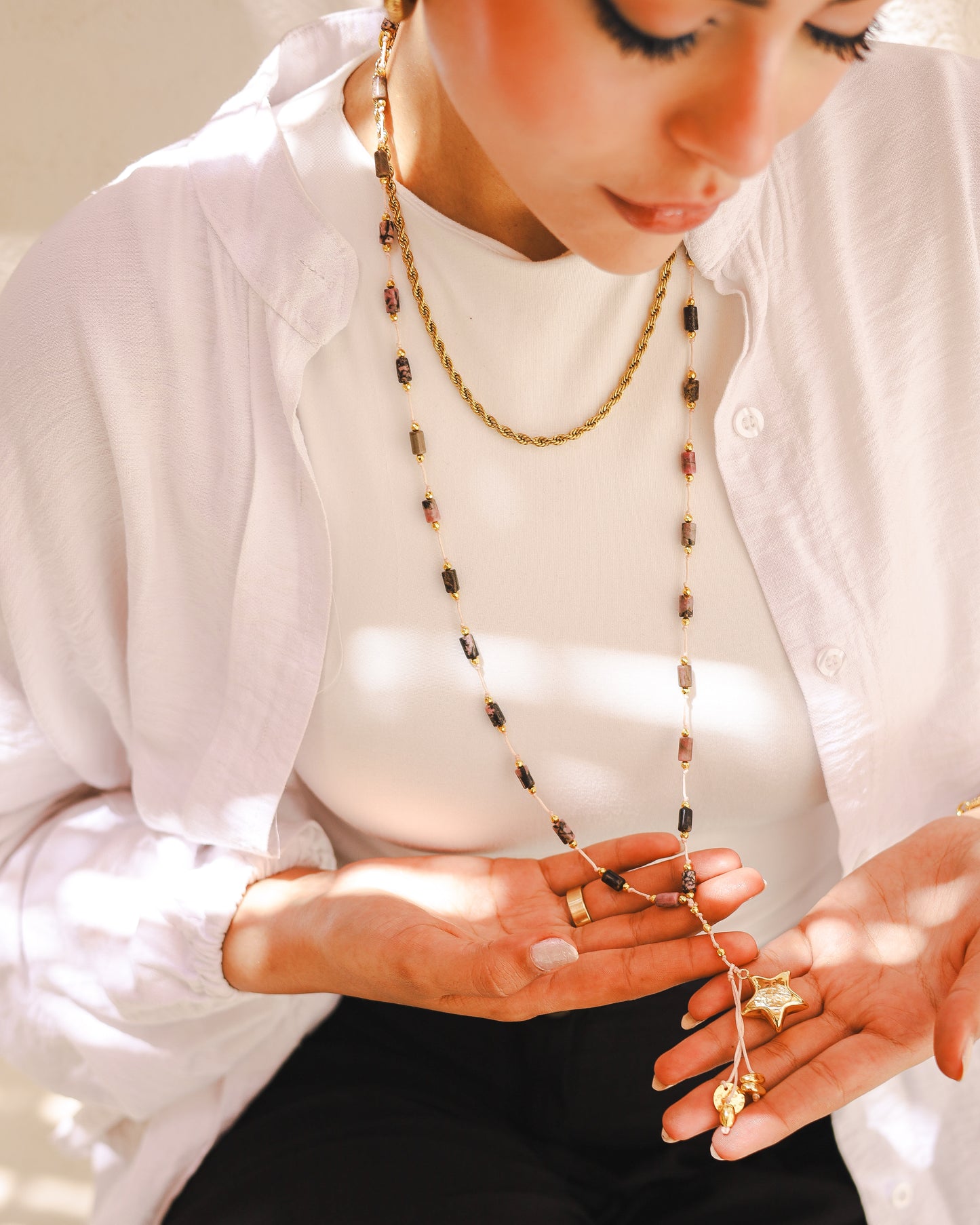 Beaded rose gold stones long necklace